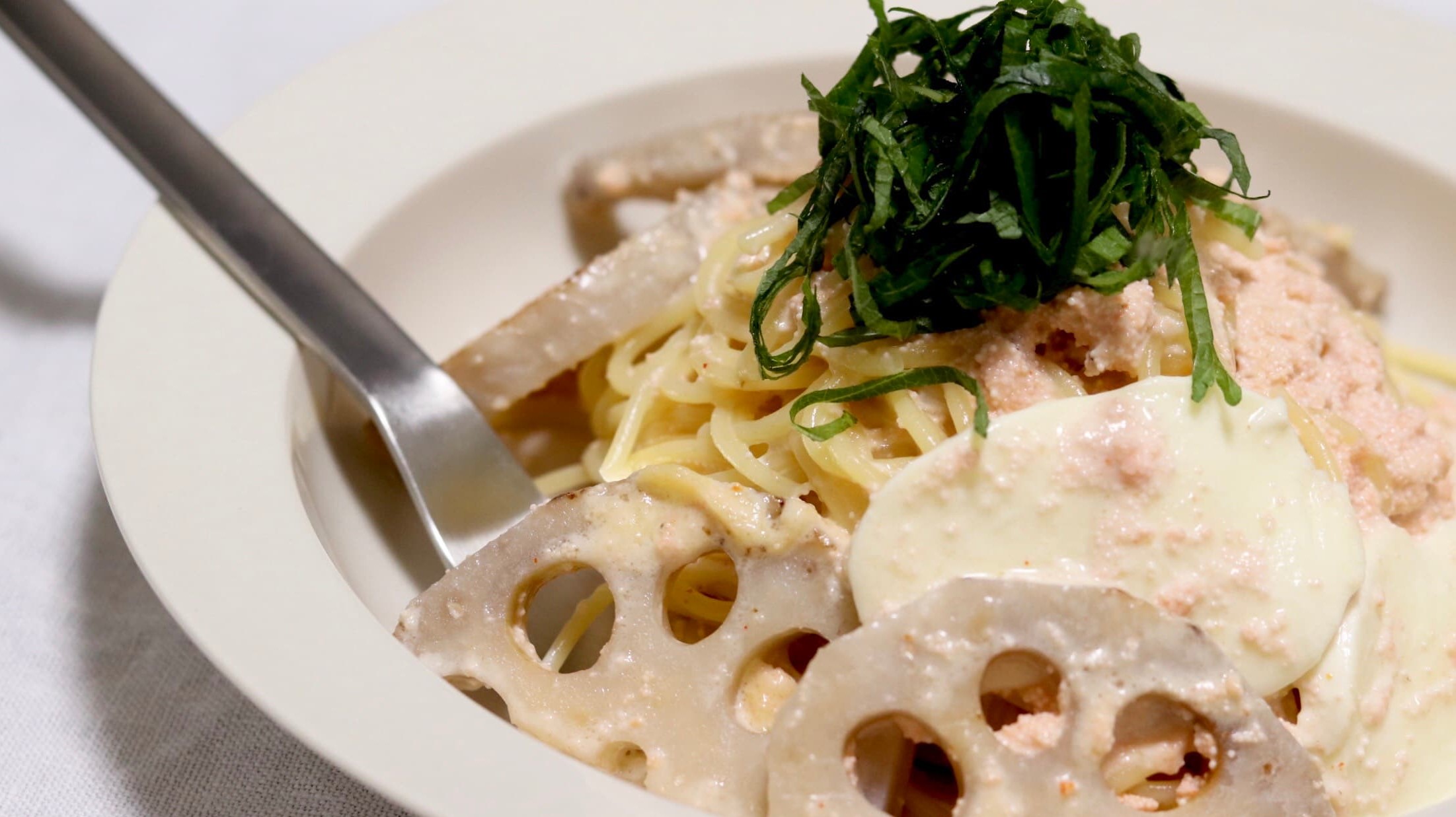 れんこんとモッツアレラチーズの 明太子クリームパスタ 今日のレシピ ゆうみん 気ままにおうちごはん